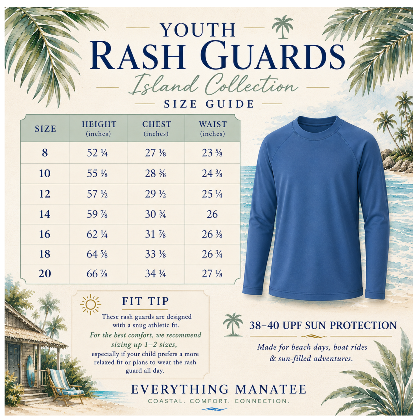 Youth rash guard size guide with a blue shirt on a beach-themed background