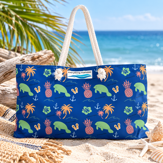 Tropical Manatee Weekender Bag | Pineapple & Palm Print Beach Tote