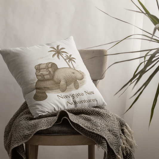 Decorative pillow with a manatee and suitcase design on a chair with a plant in the background