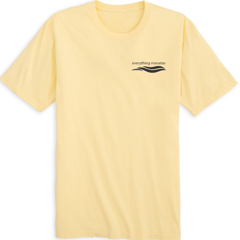 Flat lay view of the front of a banana yellow t-shirt with an everything manatee logo. The shirt has a relaxed fit and clean finished sleeve cuffs, hems, and shoulder seams.