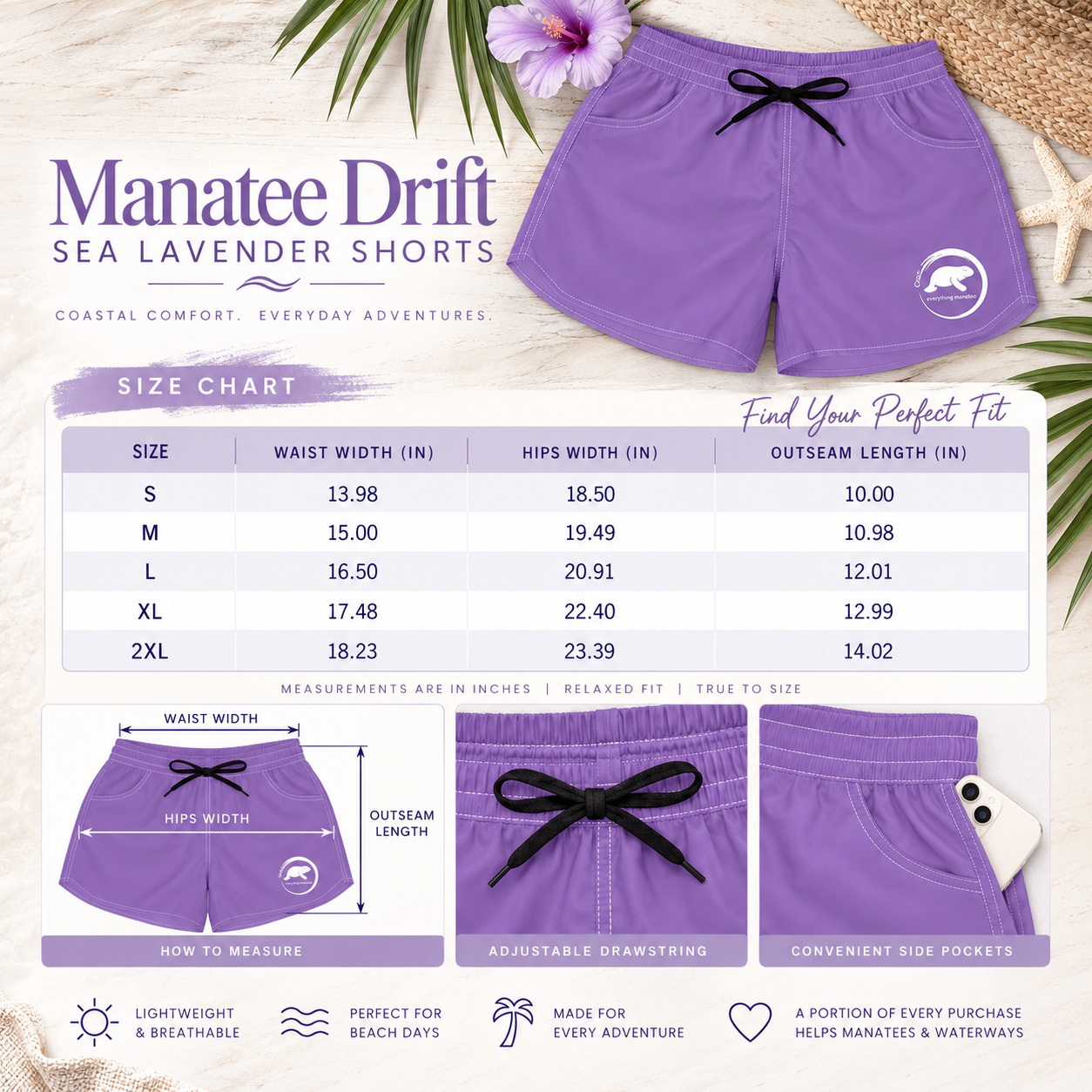 Purple Manatee Drift Sea Lavender shorts shown on a beach-themed background with a size chart, fit guide, and measurement diagram. The shorts feature a black drawstring and a white Manatee logo on the left leg.