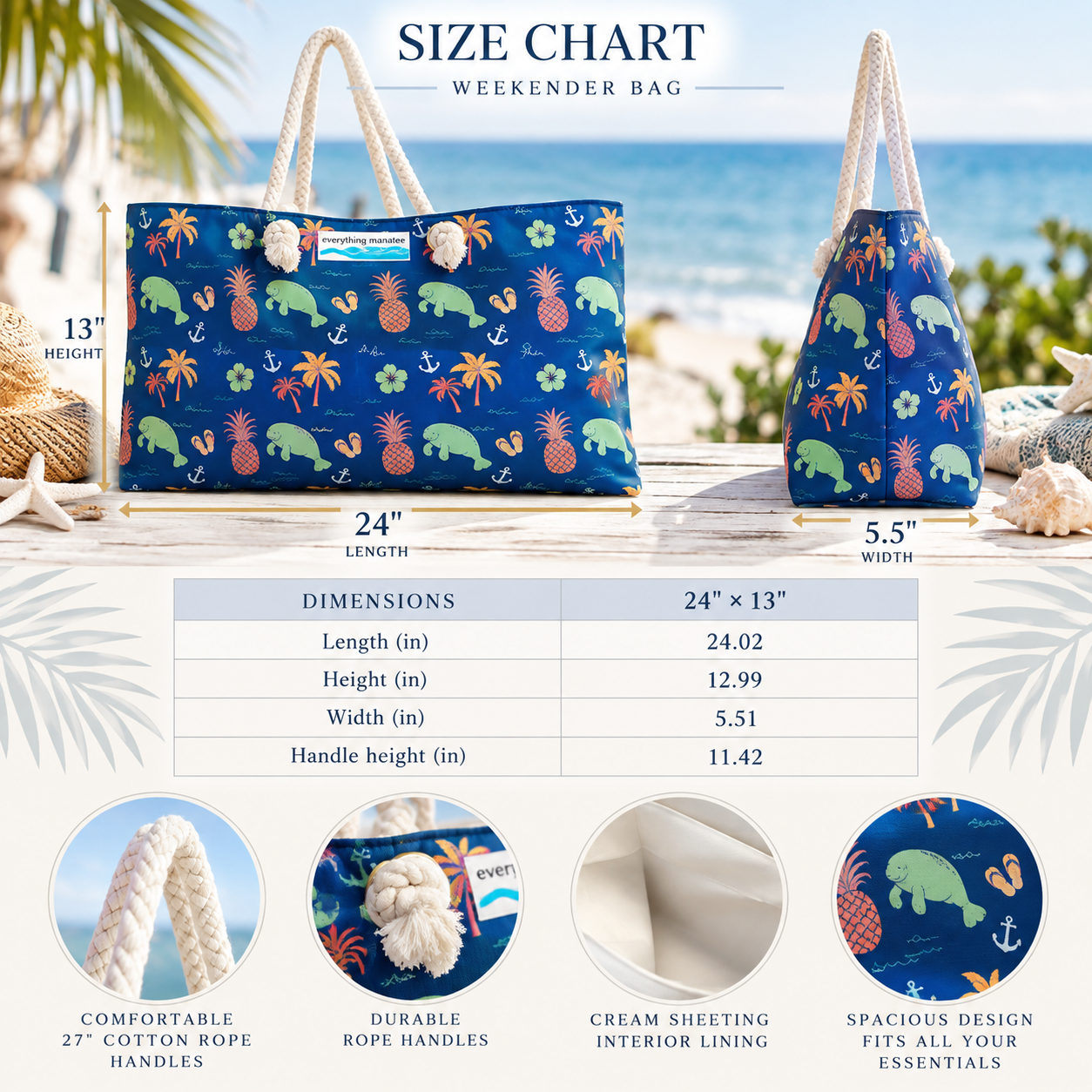Tropical Manatee Weekender Bag | Pineapple & Palm Print Beach Tote