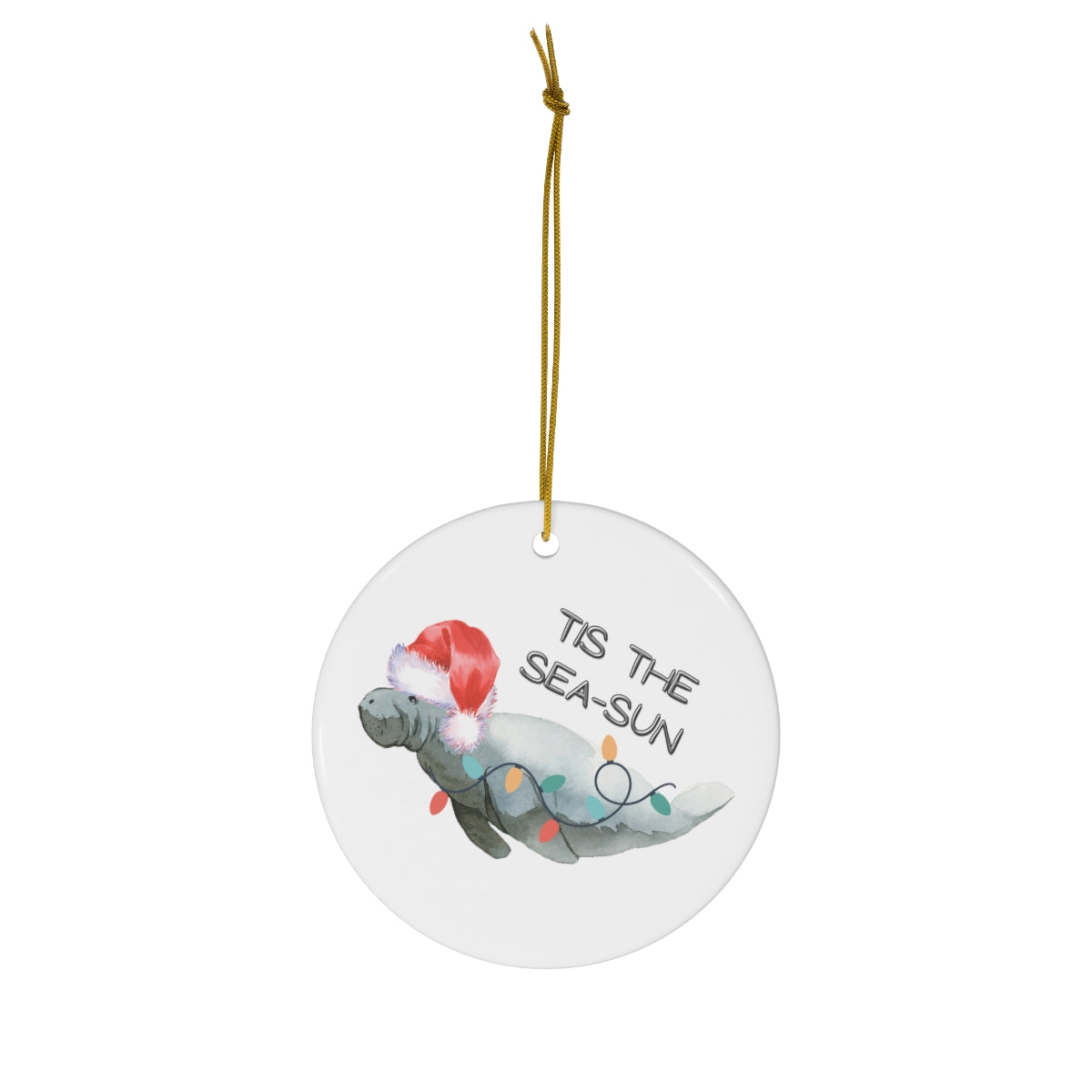 Santa Hat Manatee Ceramic Ornament | Holiday Ornaments