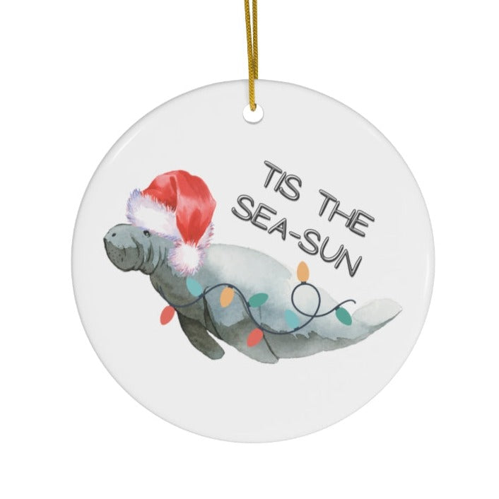Santa Hat Manatee Ceramic Ornament | Holiday Ornaments