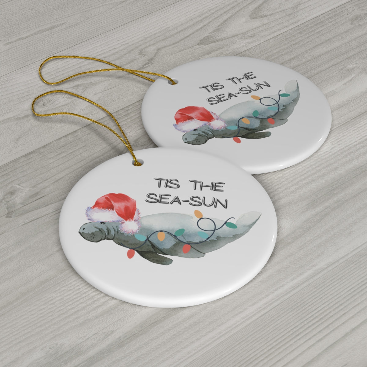 Santa Hat Manatee Ceramic Ornament | Holiday Ornaments