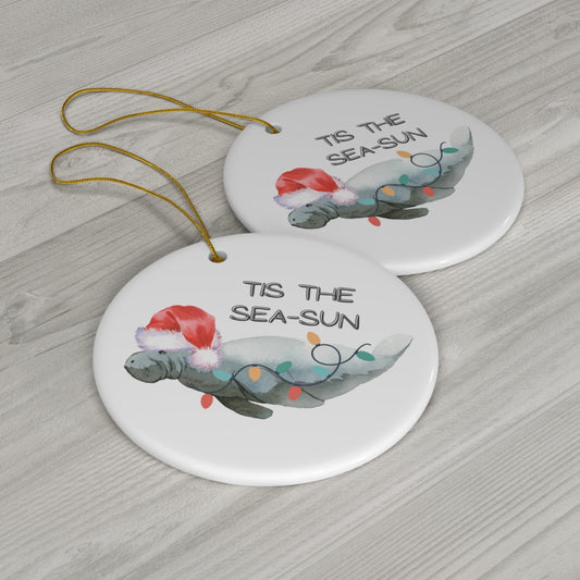 Santa Hat Manatee Ceramic Ornament | Holiday Ornaments