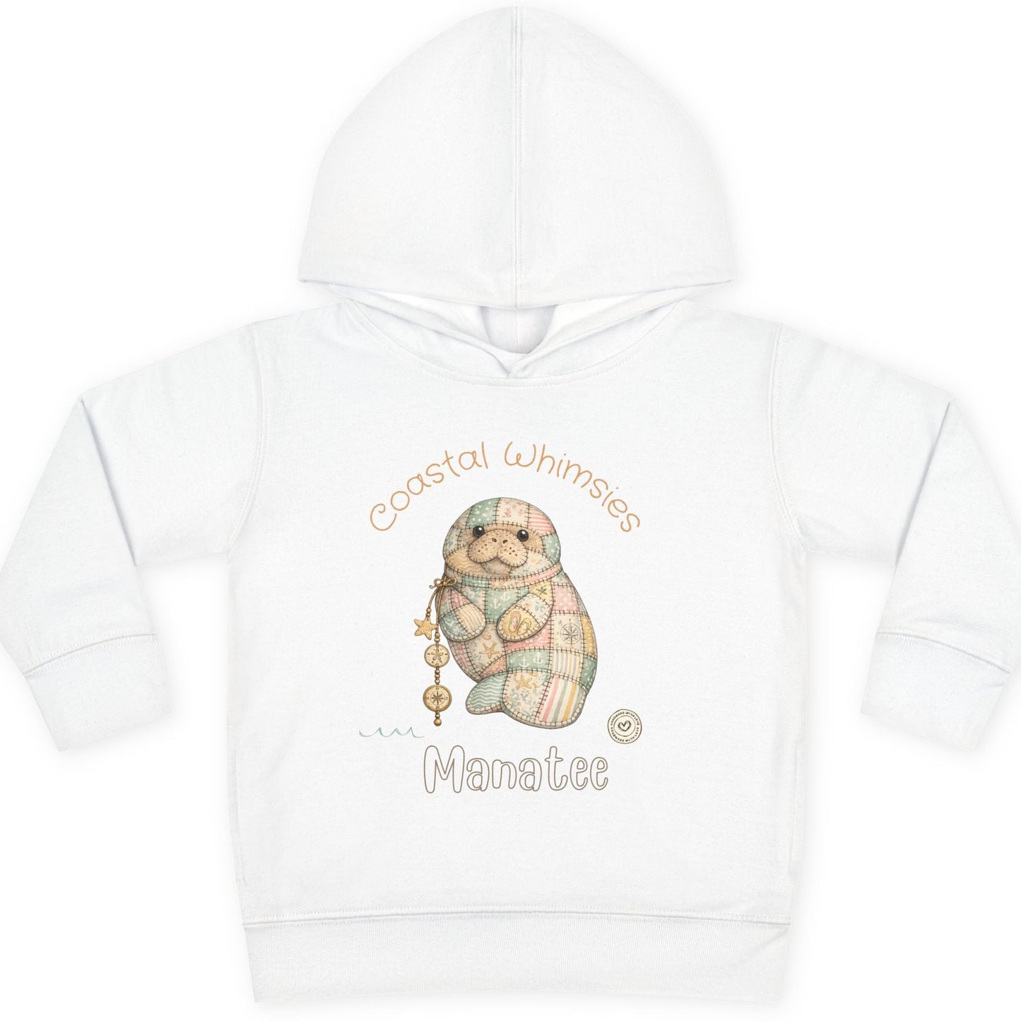 White hoodie with a cartoon manatee design and text on a white background