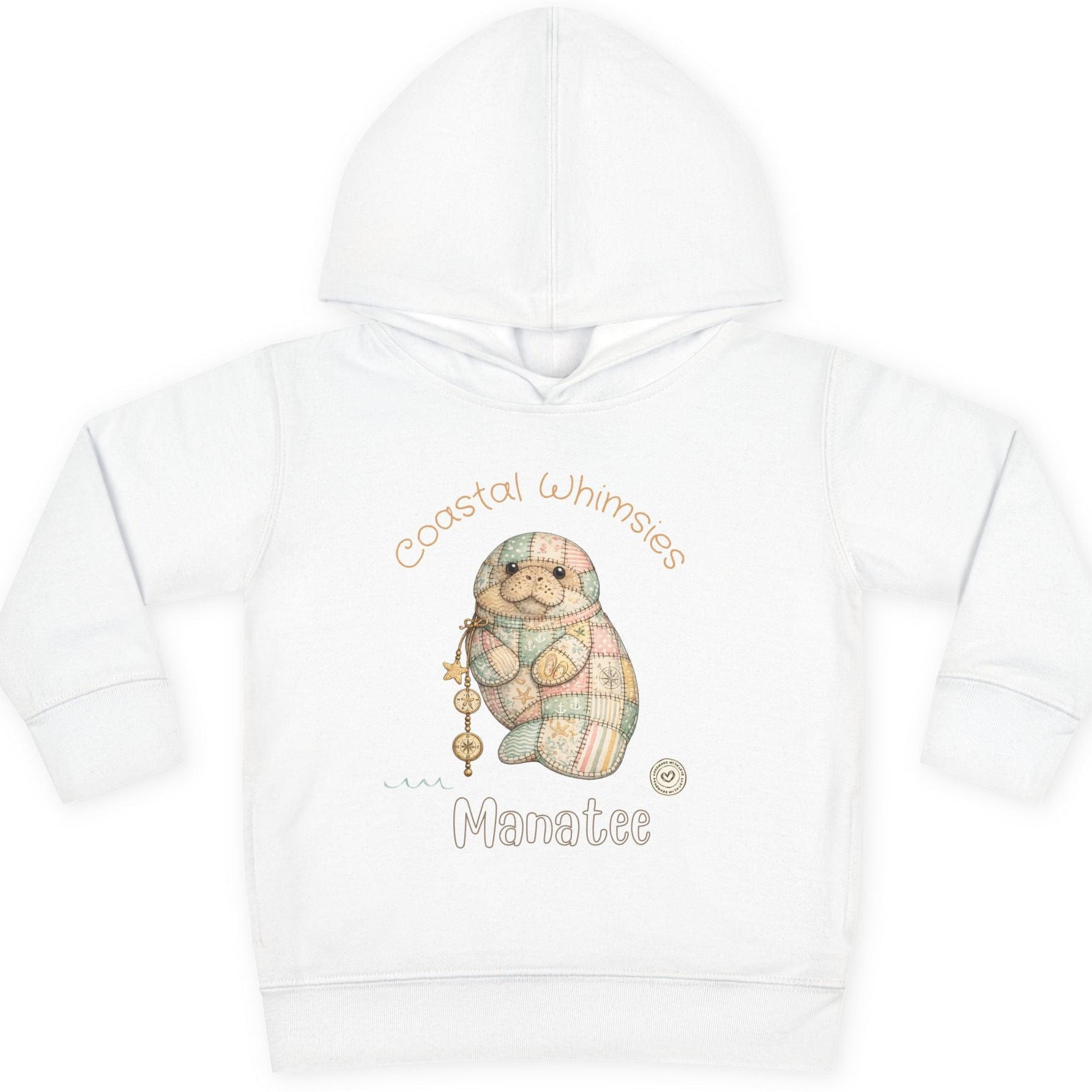 White hoodie with a cartoon manatee design and text on a white background