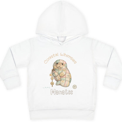White hoodie with a cartoon manatee design and text on a white background