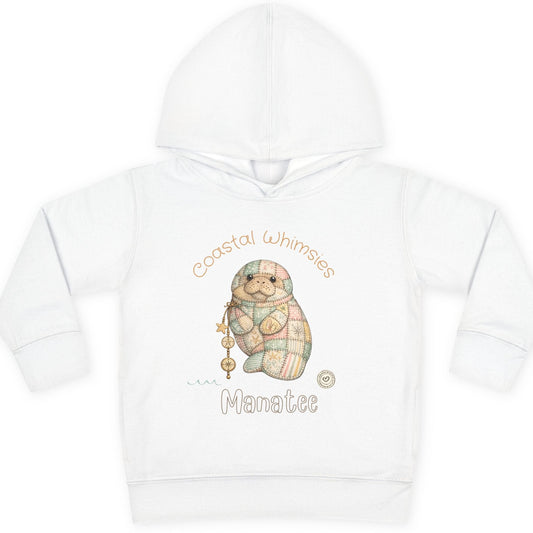 White hoodie with a cartoon manatee design and text on a white background