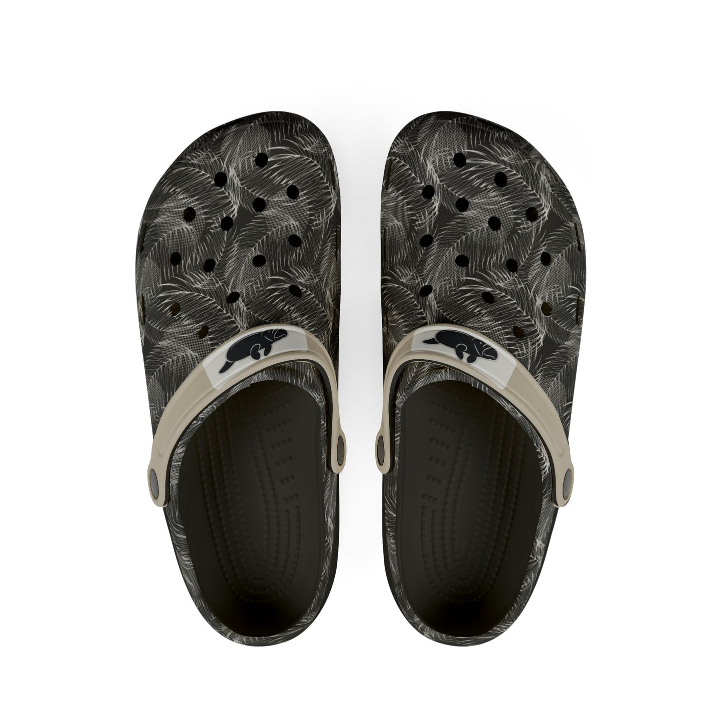 A pair of black and gray palm-leaf patterned clogs with beige straps and a black beaver logo, shown from a top-down view on a white background.