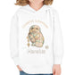 Child wearing a white hoodie with a cartoon manatee design and text on a white background