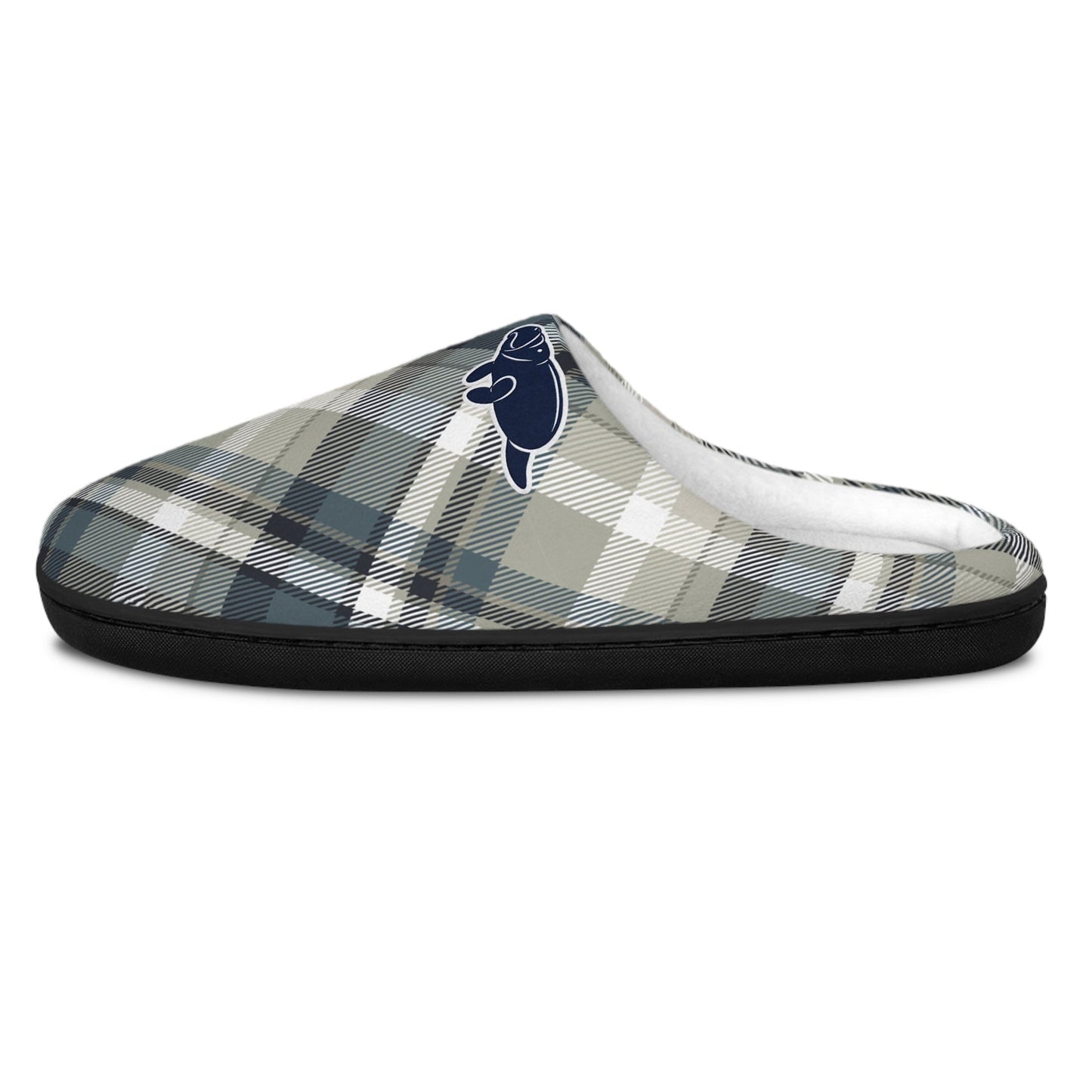 A single slip-on mule slide shoe with a gray, beige, and white plaid pattern, featuring a navy blue and white bear logo on the side, set against a plain white background.