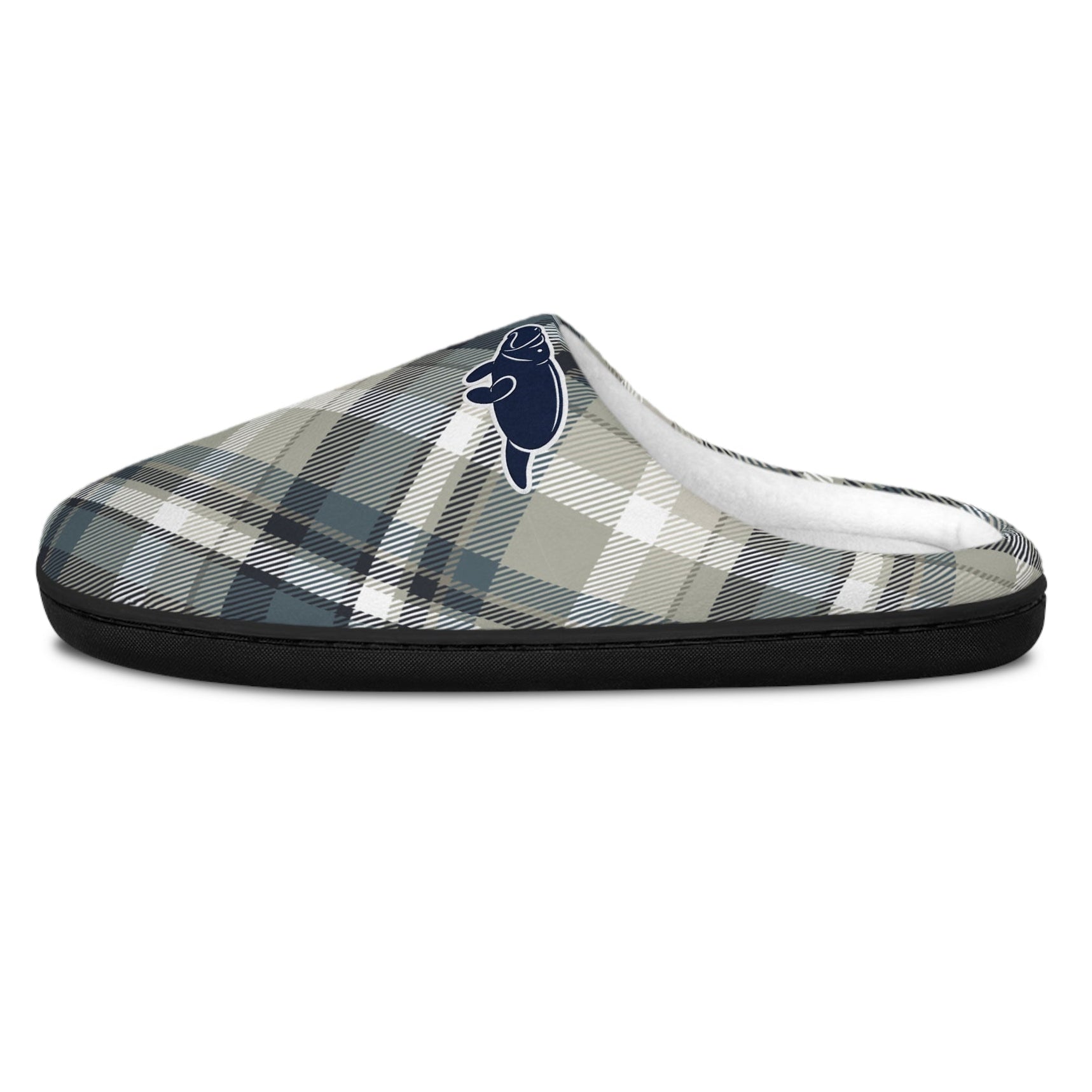 A single slip-on mule slide shoe with a gray, beige, and white plaid pattern, featuring a navy blue and white bear logo on the side, set against a plain white background.