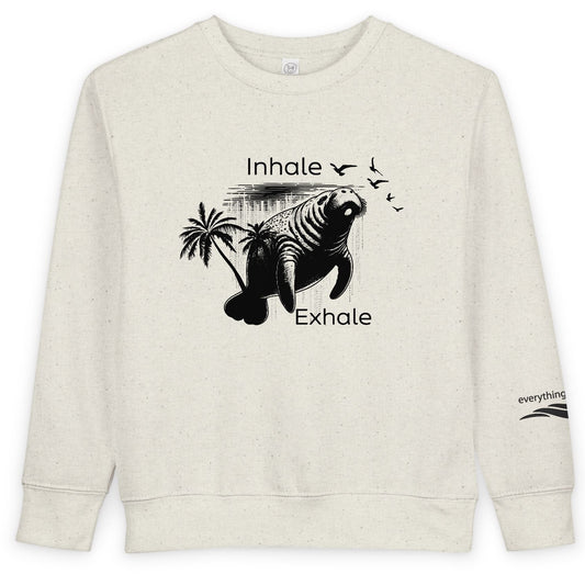 Beige sweatshirt with a zebra graphic and 'Inhale Exhale' text on a white background