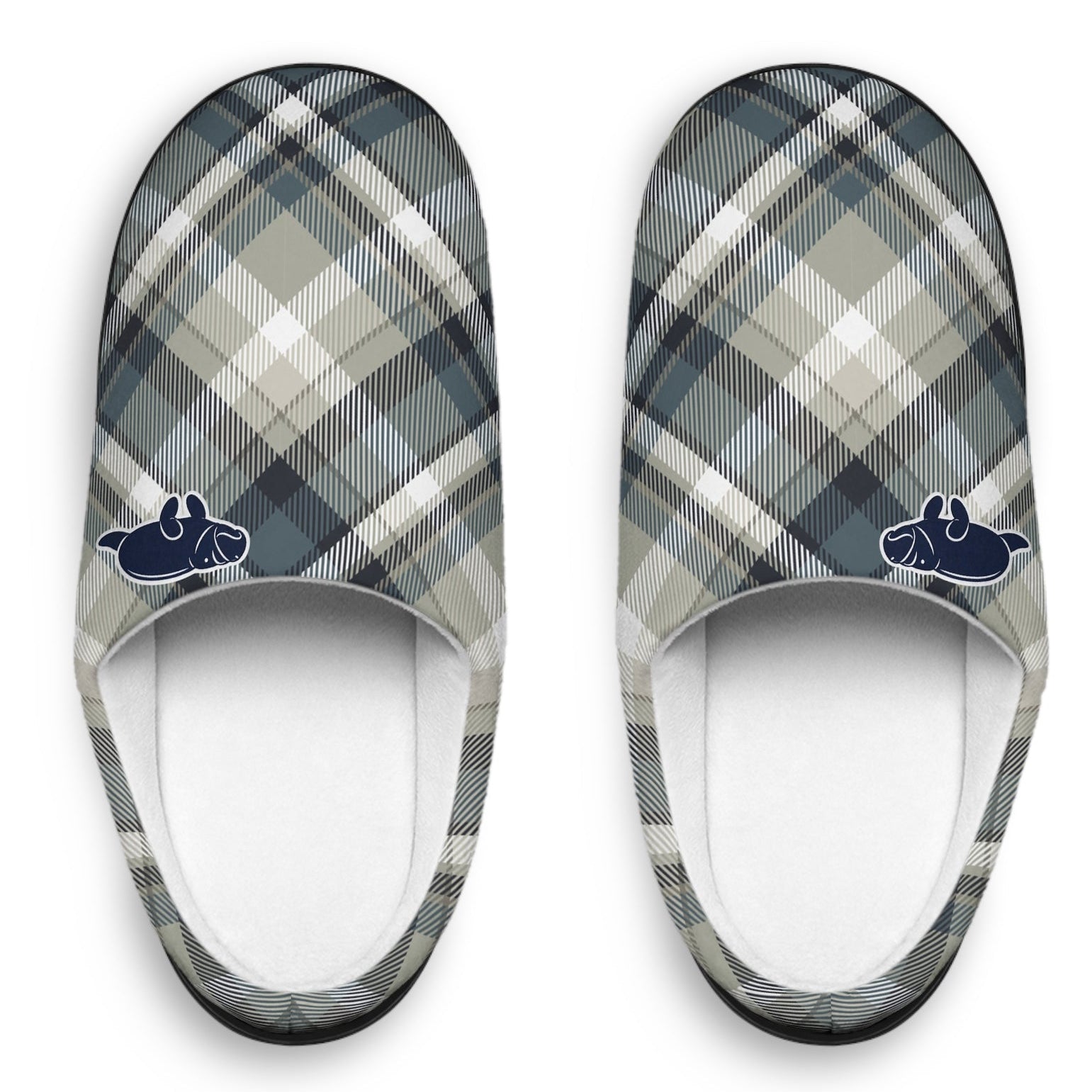 A pair of slip-on slippers with a gray, beige, and white plaid pattern, featuring a small navy blue dog logo on the side, shown against a plain white background.