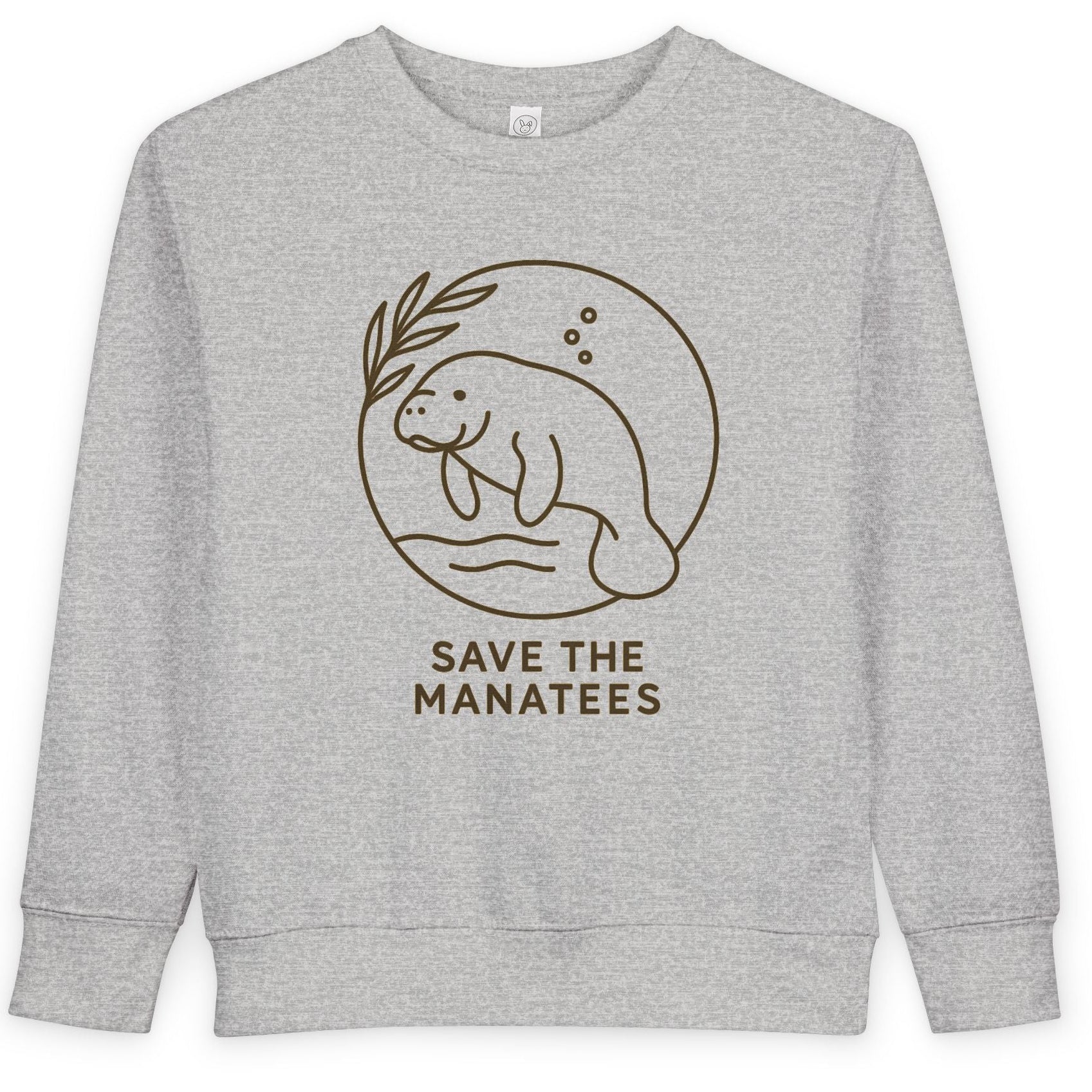 Gray sweatshirt with 'Save the Manatees' design on a white background