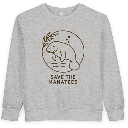Gray sweatshirt with 'Save the Manatees' design on a white background