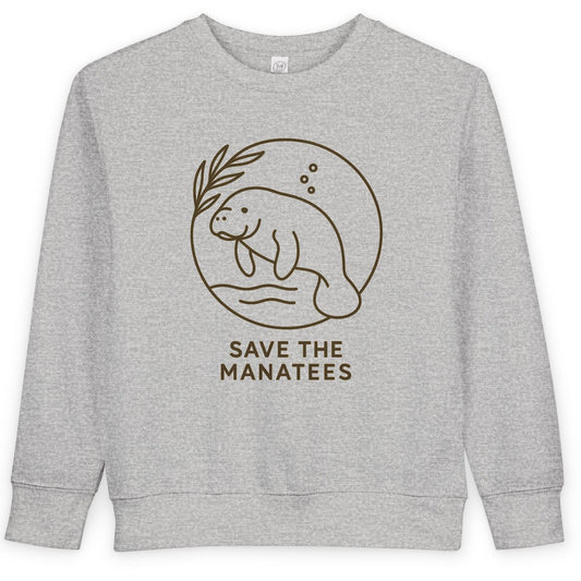 Gray sweatshirt with 'Save the Manatees' design on a white background