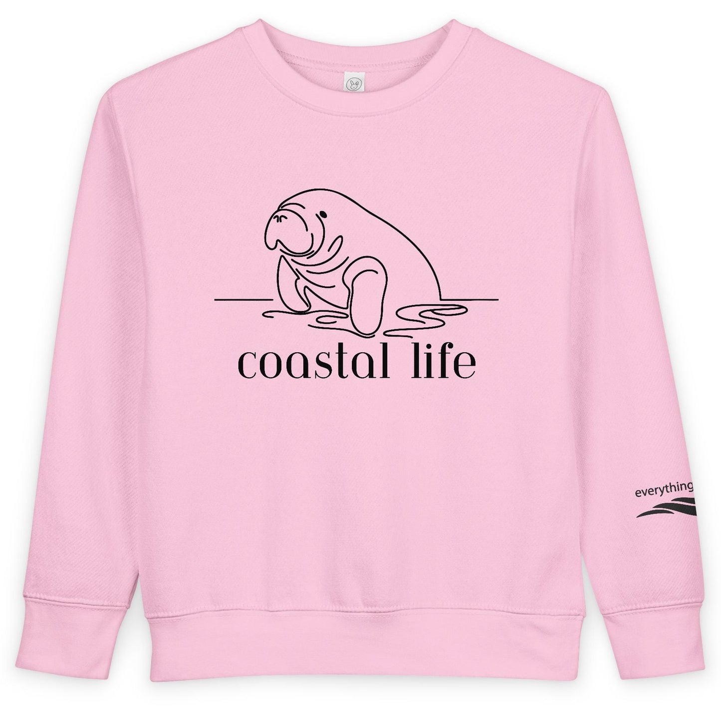 Pink sweatshirt with a manatee graphic and 'coastal life' text on a white background