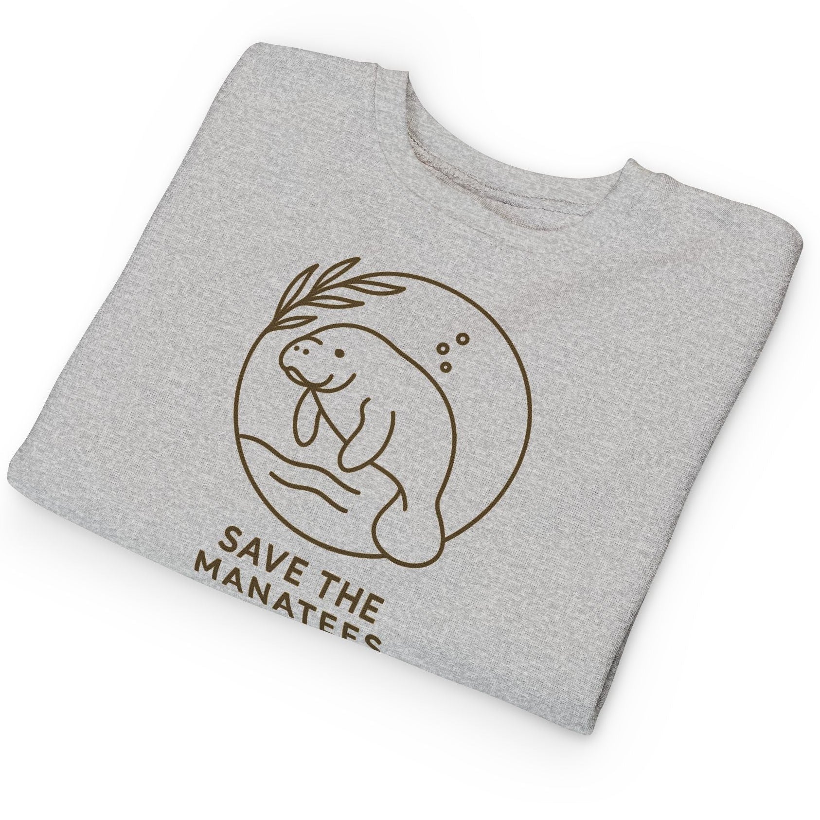 Folded gray sweatshirt with 'Save the Manatees' text and logo on a white background