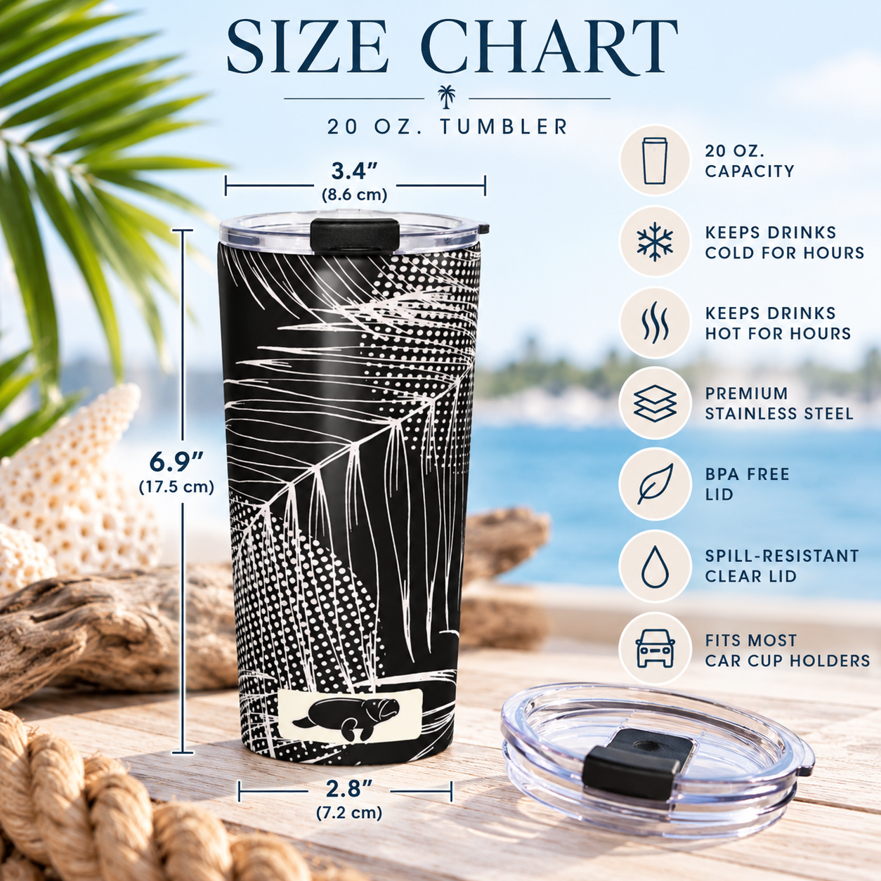 A size chart graphic for a 20 oz tumbler, showing the tumbler with palm leaf artwork and dimensions labeled 6.9 inches tall by 3.