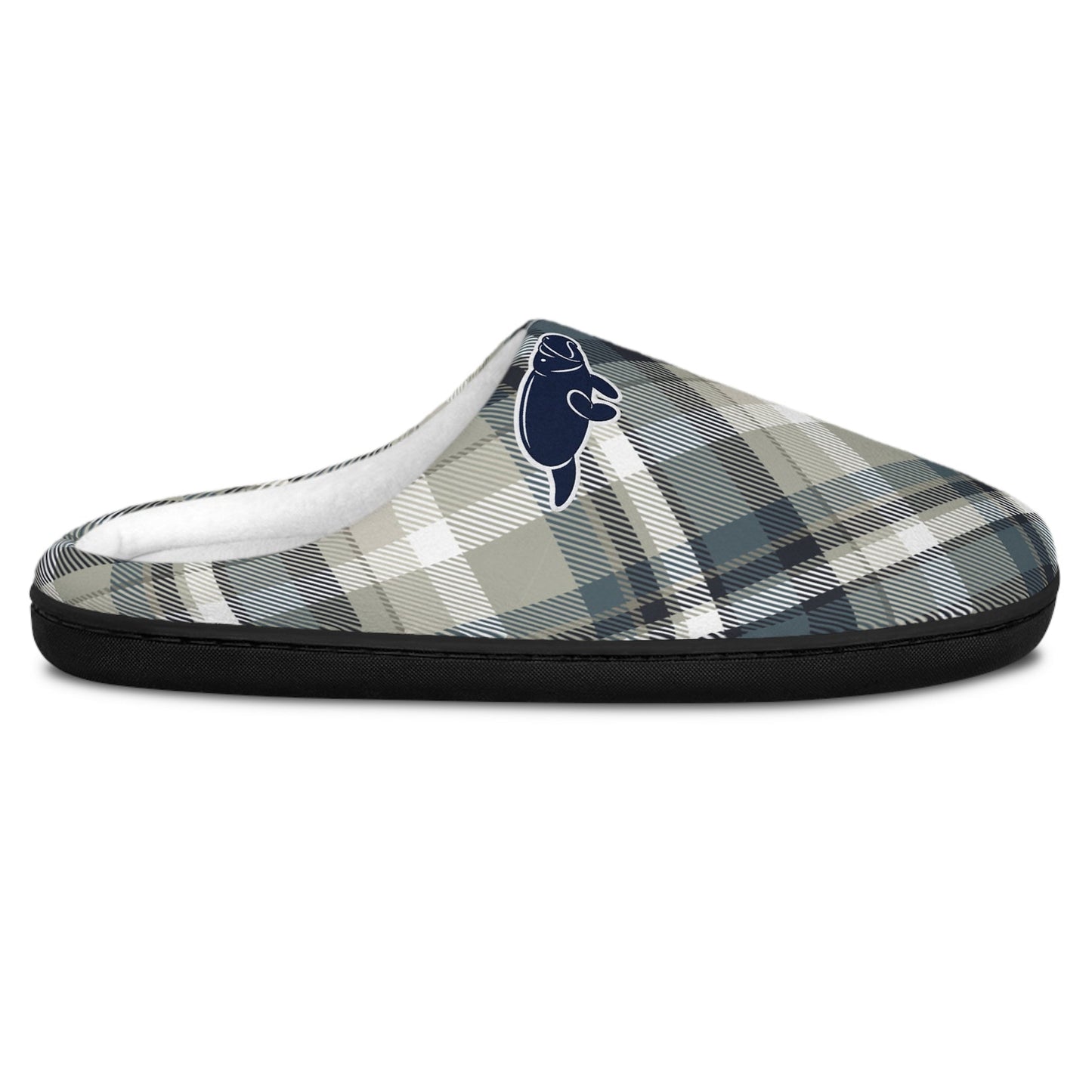 A single slip-on mule slipper with a navy blue and gray plaid pattern, featuring a navy blue whale logo on the side, set against a plain white background.
