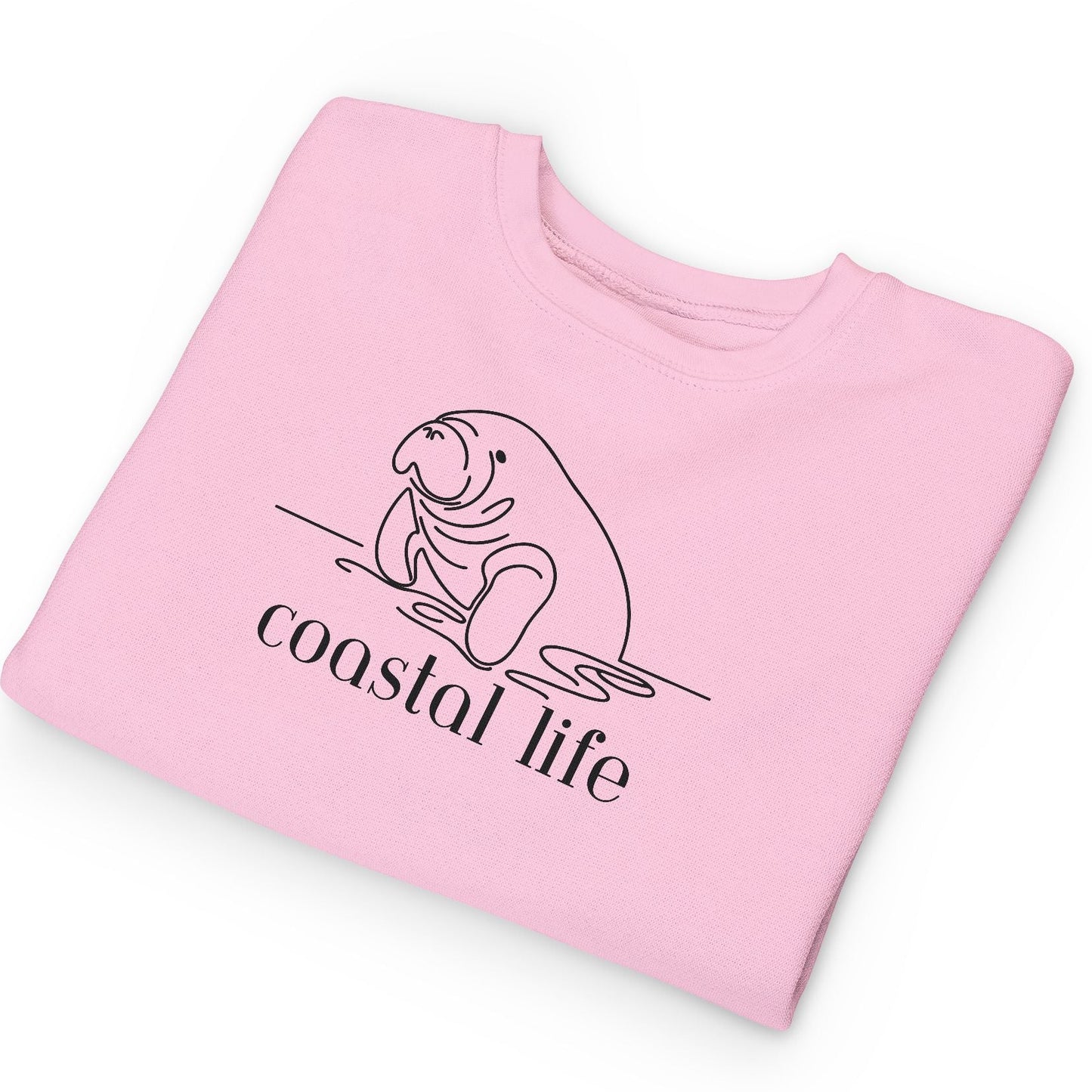 Pink sweatshirt with 'coastal life' and seal graphic on a white background