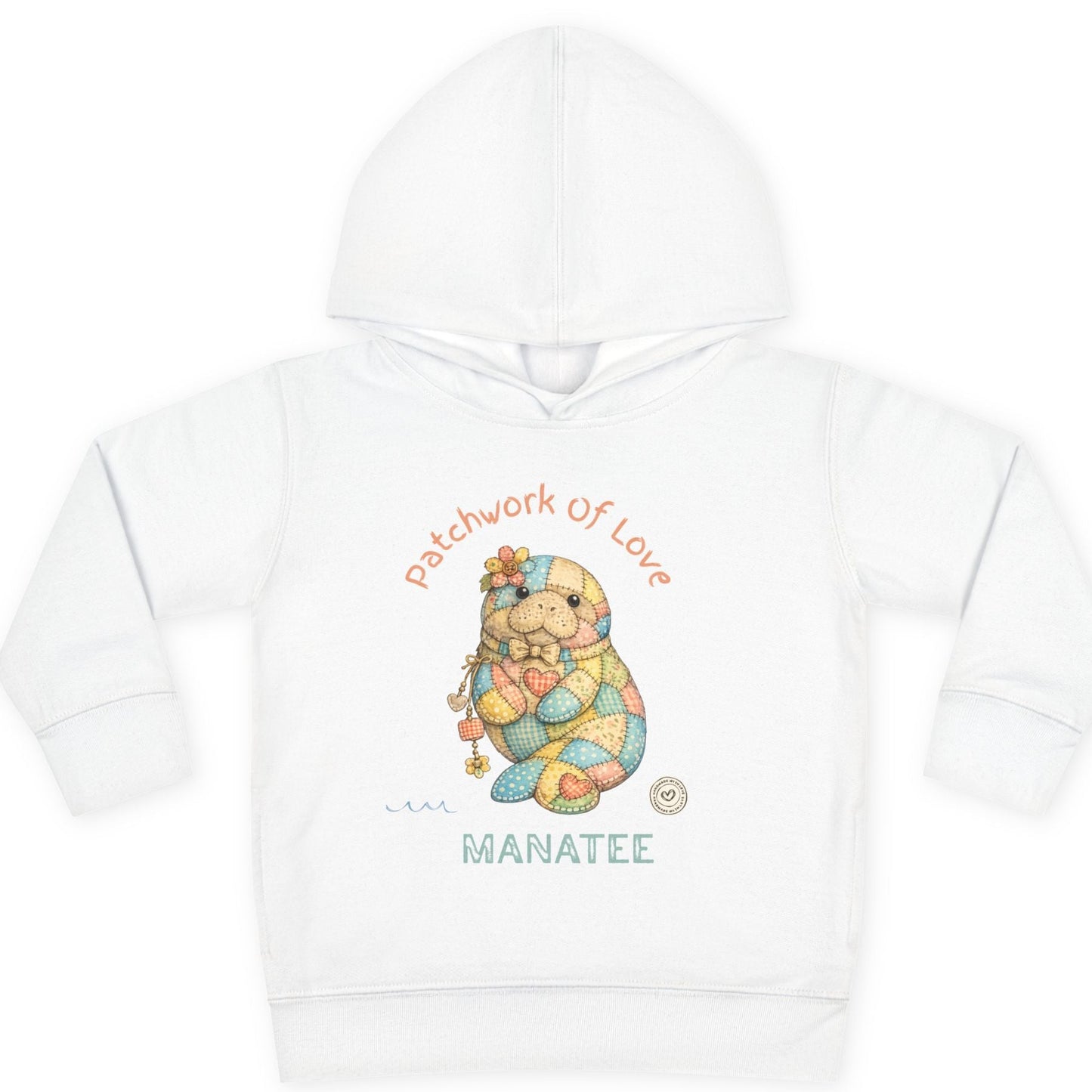 White hoodie with a colorful manatee design and text on a white background