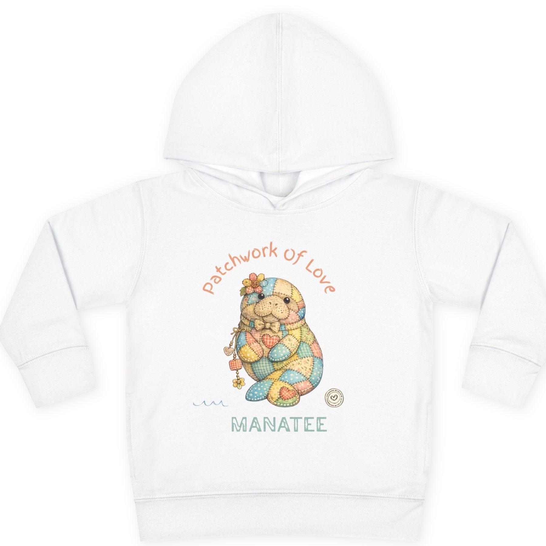 White hoodie with a colorful manatee design and text on a white background