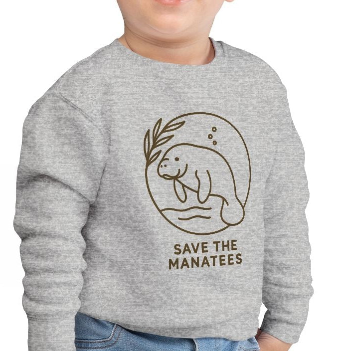 Child wearing a gray sweatshirt with a graphic and text, standing on a white background