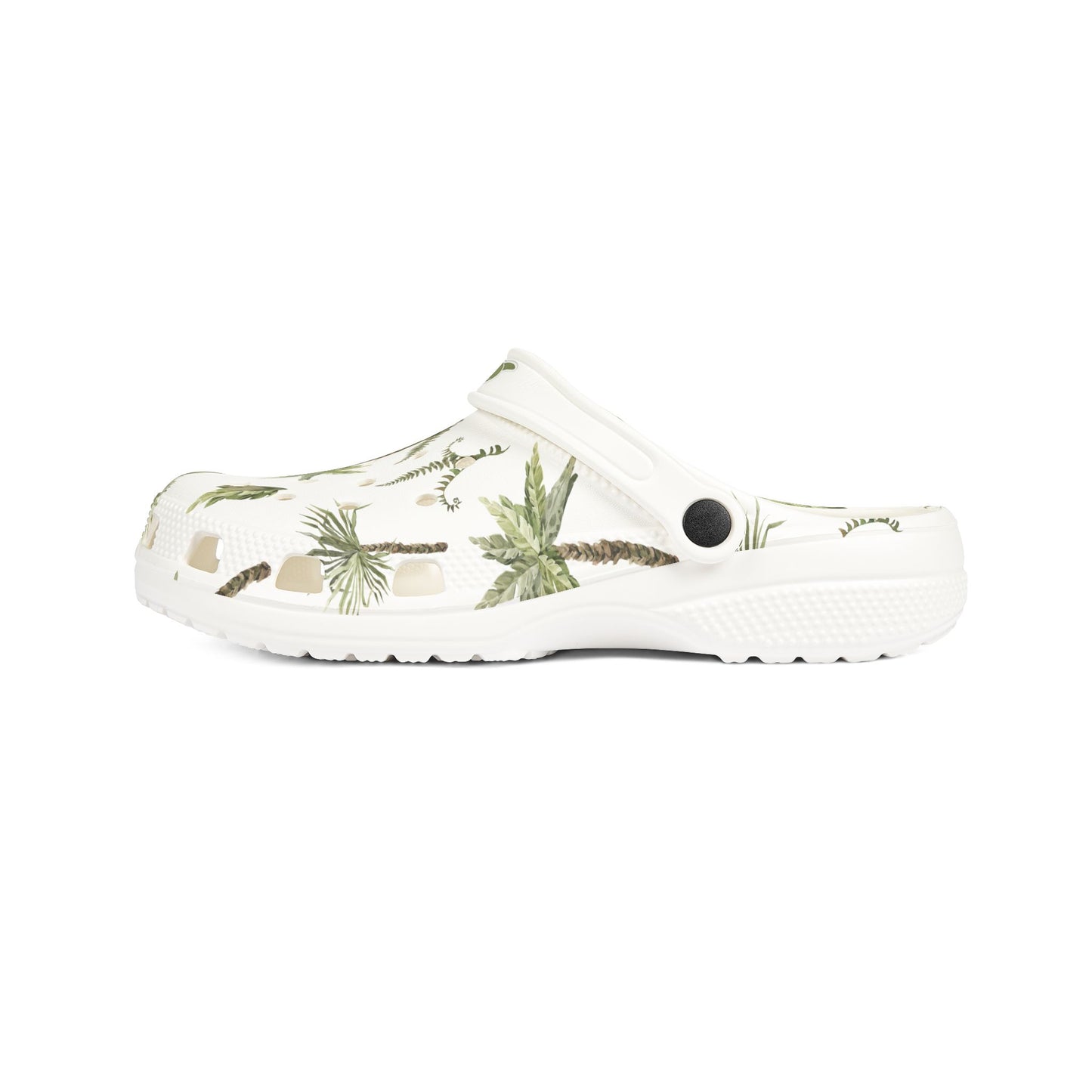 White clog shoe with palm tree design on a white background