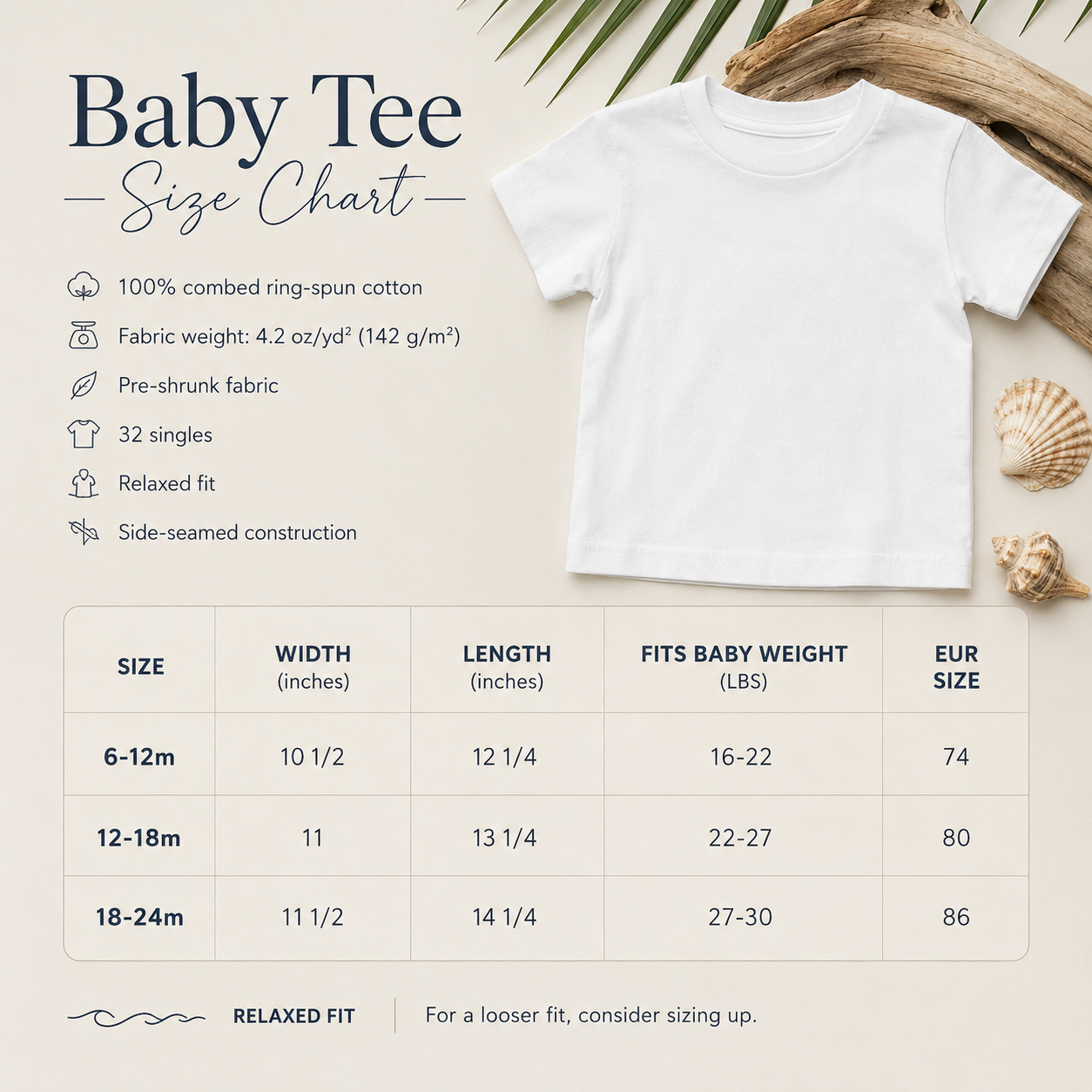 Baby tee size chart graphic showing a white short-sleeve baby T-shirt on a light background with text listing fabric and fit details, plus a sizing table with weight ranges and EUR sizes.