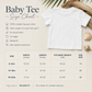 Baby tee size chart graphic showing a white short-sleeve baby T-shirt on a light background with text listing fabric and fit details, plus a sizing table with weight ranges and EUR sizes.