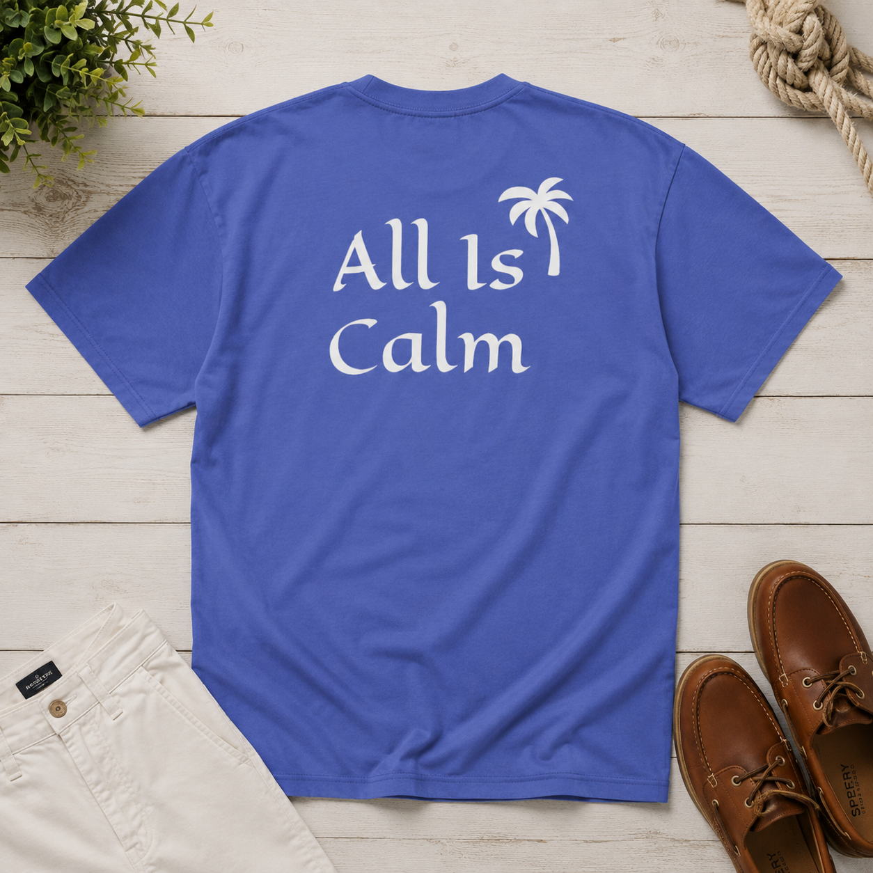 A royal blue short-sleeve t-shirt with 'All Is Calm' and a palm tree graphic printed in white on the back, styled in a flat lay on a white wood plank background with brown boat shoes, cream pants, and a plant.