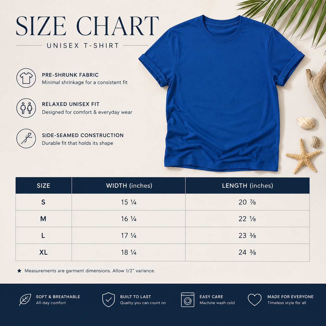 Blue unisex T-shirt size chart graphic with a fitted short-sleeve T-shirt laid flat on a white background, surrounded by decorative leaves and starfish, plus a measurement table for S through XL and feature callouts about pre-shrunk fabric, relaxed fit, and side-seamed construction.