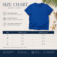 Blue unisex T-shirt size chart graphic with a fitted short-sleeve T-shirt laid flat on a white background, surrounded by decorative leaves and starfish, plus a measurement table for S through XL and feature callouts about pre-shrunk fabric, relaxed fit, and side-seamed construction.