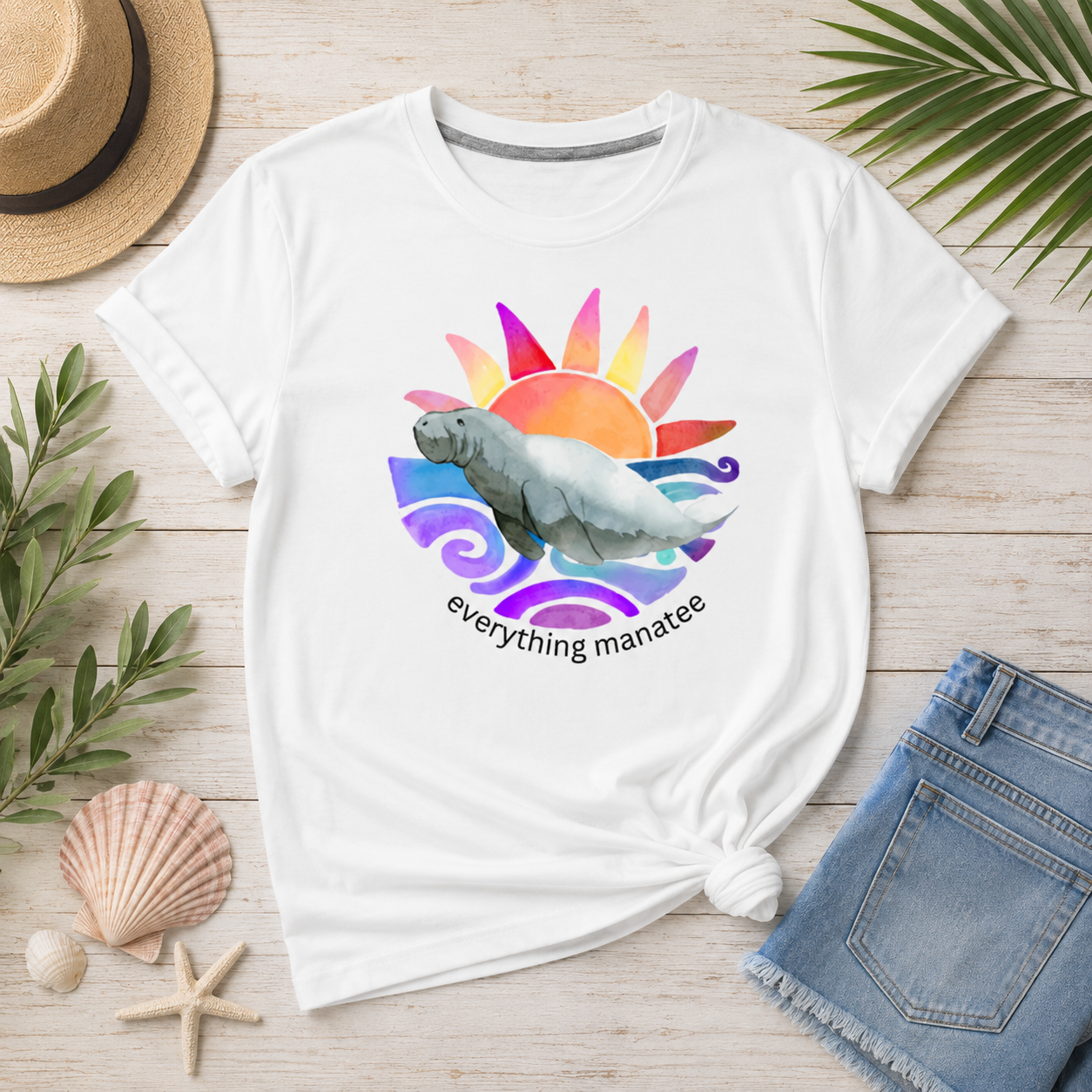 A white graphic t-shirt featuring a colorful manatee illustration and the text 'everything manatee' on the front, styled in a flat-lay with a straw hat, denim shorts, and beach-themed props on a light wood background.