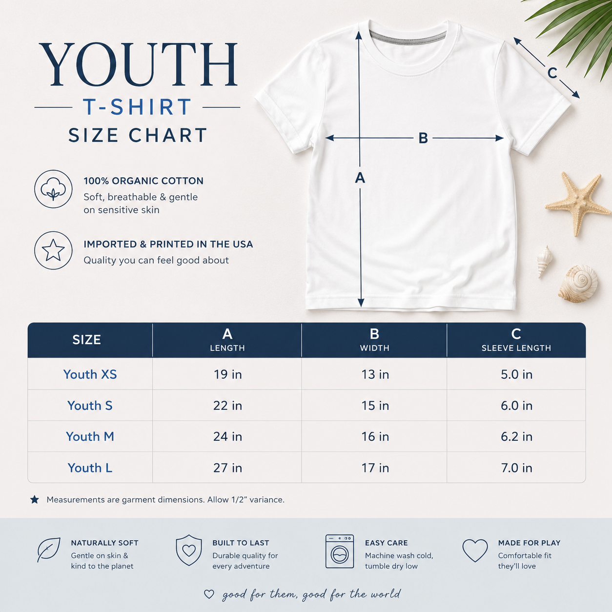 A youth T-shirt size chart graphic showing a white short-sleeve T-shirt with dimension arrows labeled A, B, and C for length, width, and sleeve length. The image includes text describing the shirt as 100% organic cotton, soft and breathable, and printed in the USA, plus a size table for Youth XS, S, M, and L.