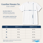 Size chart graphic for the Guardian Manatee Tee, showing a white short-sleeve t-shirt with arrows indicating width and length measurements, plus a size table from S to XL with width and length in inches. Text describes the relaxed unisex fit and side-seamed construction.