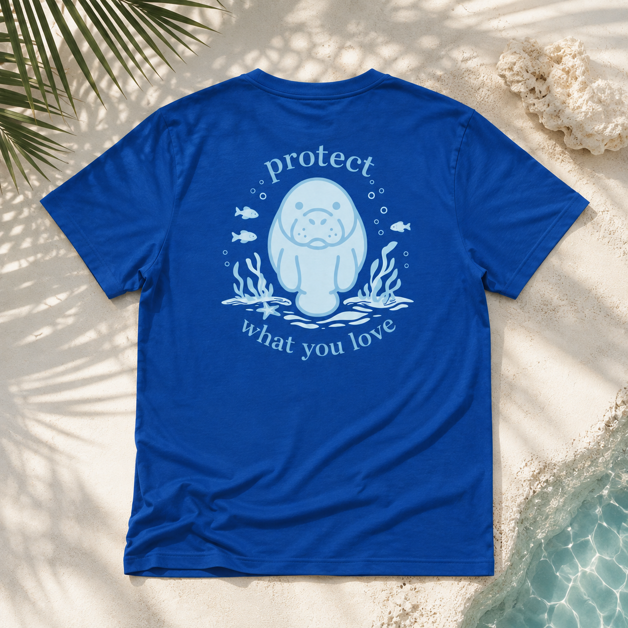 A royal blue short-sleeve t-shirt laid flat on a sandy beach with palm leaves and water visible around it. The back of the shirt has a light blue graphic of a manatee surrounded by fish, bubbles, seaweed, and the words 'protect what you love'.