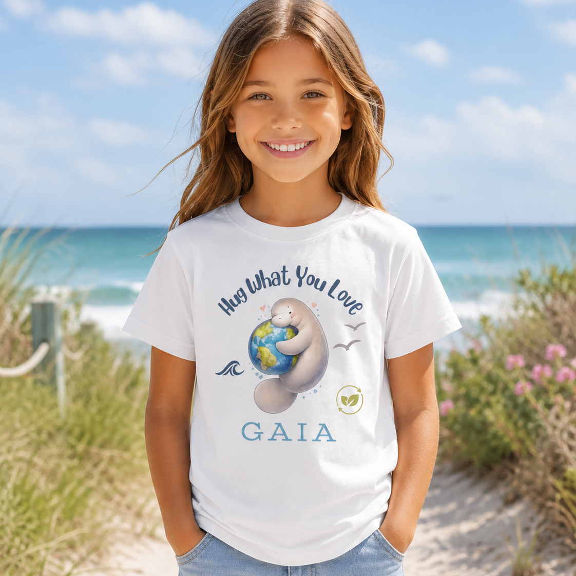 A young girl stands on a sandy beach path wearing a white graphic t-shirt with a Florida manatee and the word 'GAIA' printed on the front, paired with light-wash denim shorts. The background features the blue ocean, sky, and dune grass.