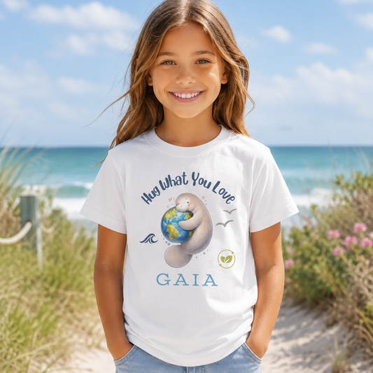 A young girl stands on a sandy beach path wearing a white graphic t-shirt with a Florida manatee and the word 'GAIA' printed on the front, paired with light-wash denim shorts. The background features the blue ocean, sky, and dune grass.