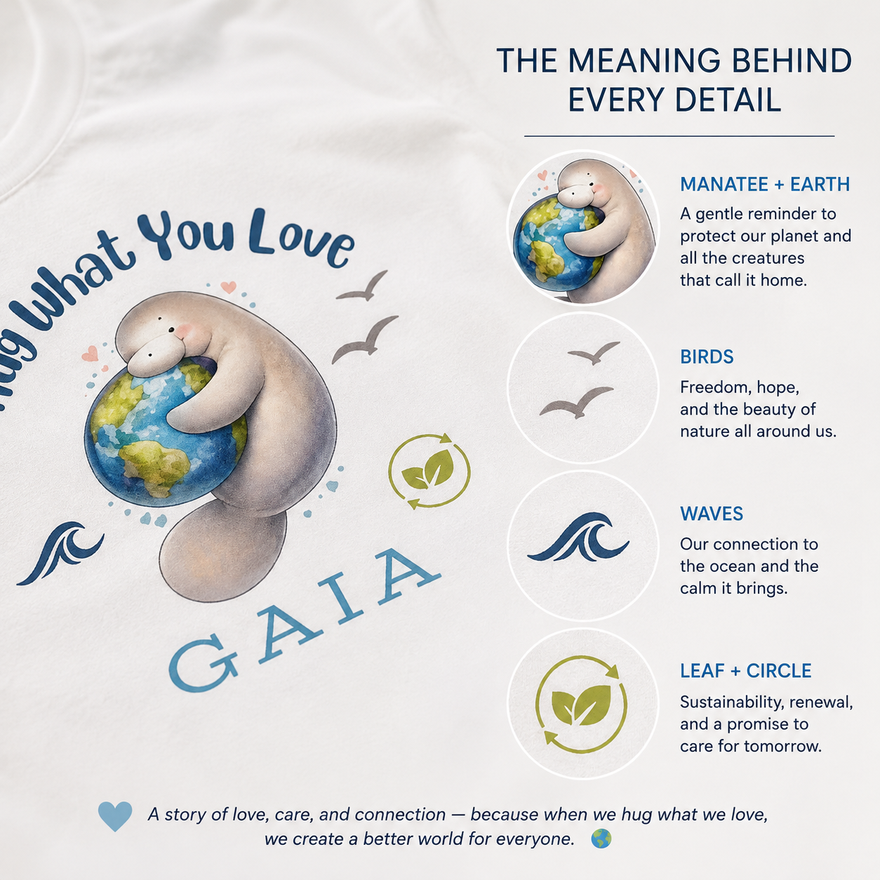 A close-up of a white fabric garment printed with a cute illustration of a manatee hugging a blue and green Earth, surrounded by ocean waves, birds, and the word 'GAIA.' To the right, text reads 'THE MEANING BEHIND EVERY DETAIL' and lists symbolic meanings like Manatee + Earth, Birds, Waves, and Leaf + Circle.
