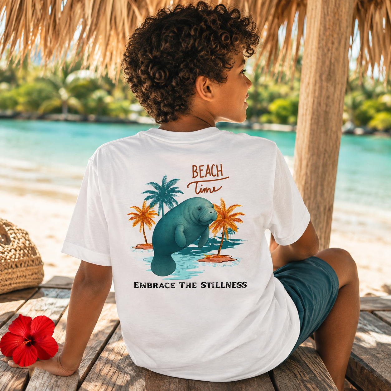 A child wearing a white graphic t-shirt sits on a wooden deck at a tropical beach. The back of the shirt features a colorful illustration of a blue-green manatee, palm trees, and the text 'BEACH Time' and 'EMBRACE THE STILLNESS'.