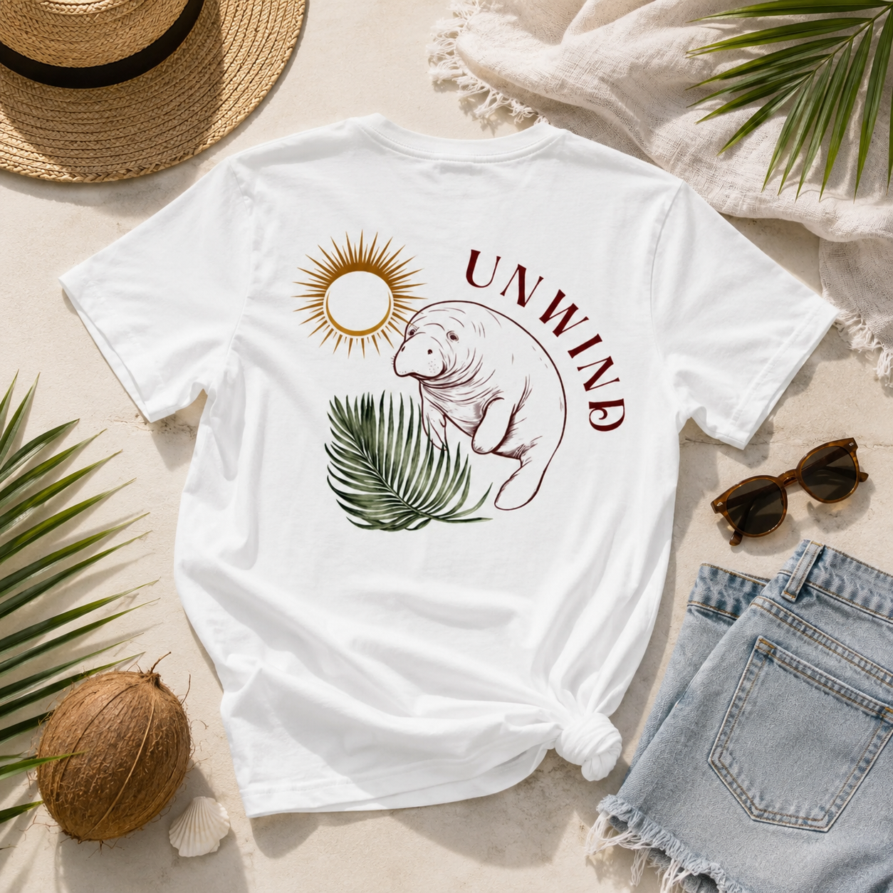 A white graphic t-shirt featuring a manatee, sun, and palm leaf design with the word 'UNWIND' in maroon, styled in a flat lay with a straw hat, denim shorts, sunglasses, a coconut, and palm leaves on a light beige background.