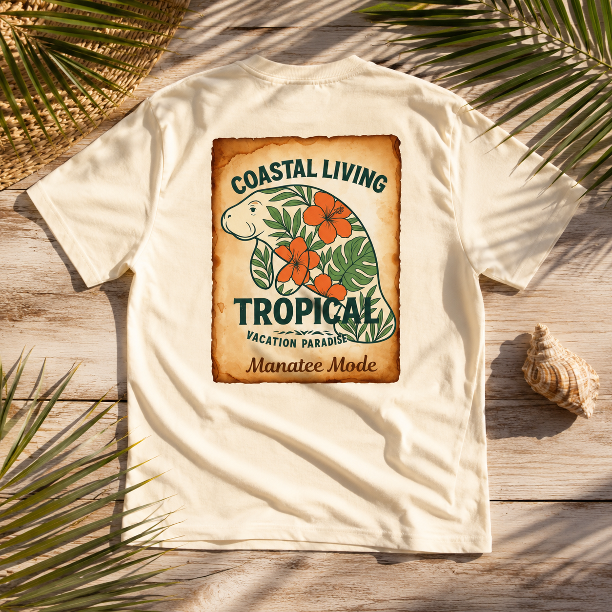 A cream-colored short-sleeve t-shirt laid flat on a rustic wooden surface, surrounded by palm leaves and a seashell. The shirt features a large rectangular graphic on the back with a vintage-style tan background, showing a green turtle, orange hibiscus flowers, and the text 'COASTAL LIVING TROPICAL VACATION PARADISE Manatee Mode'.