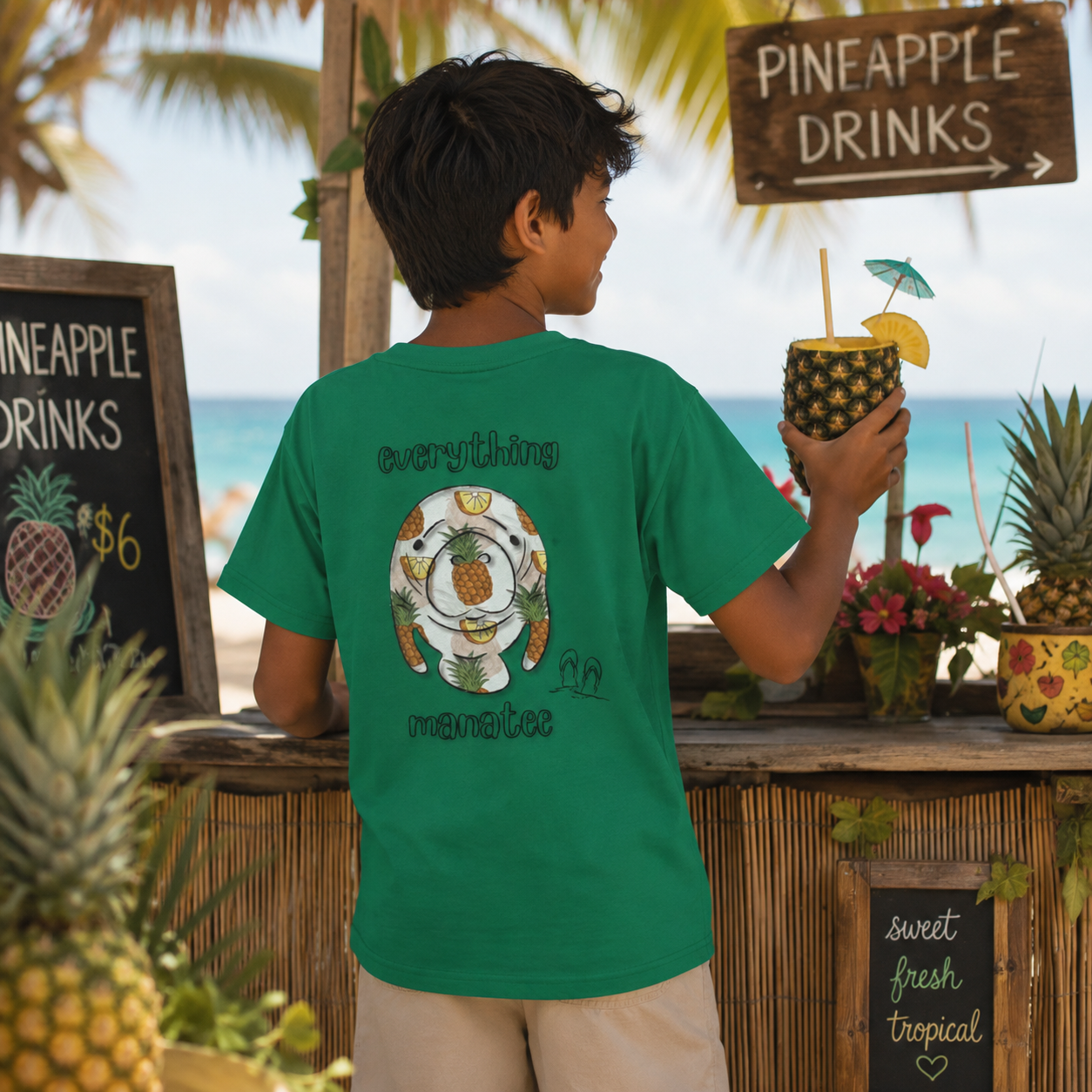 A boy stands at a beach-themed drink stall wearing a green graphic t-shirt with a pineapple and cocktail design on the back. He holds a pineapple drink with a straw in his hand, with palm trees, ocean, and 'PINEAPPLE DRINKS' signs visible in the background.