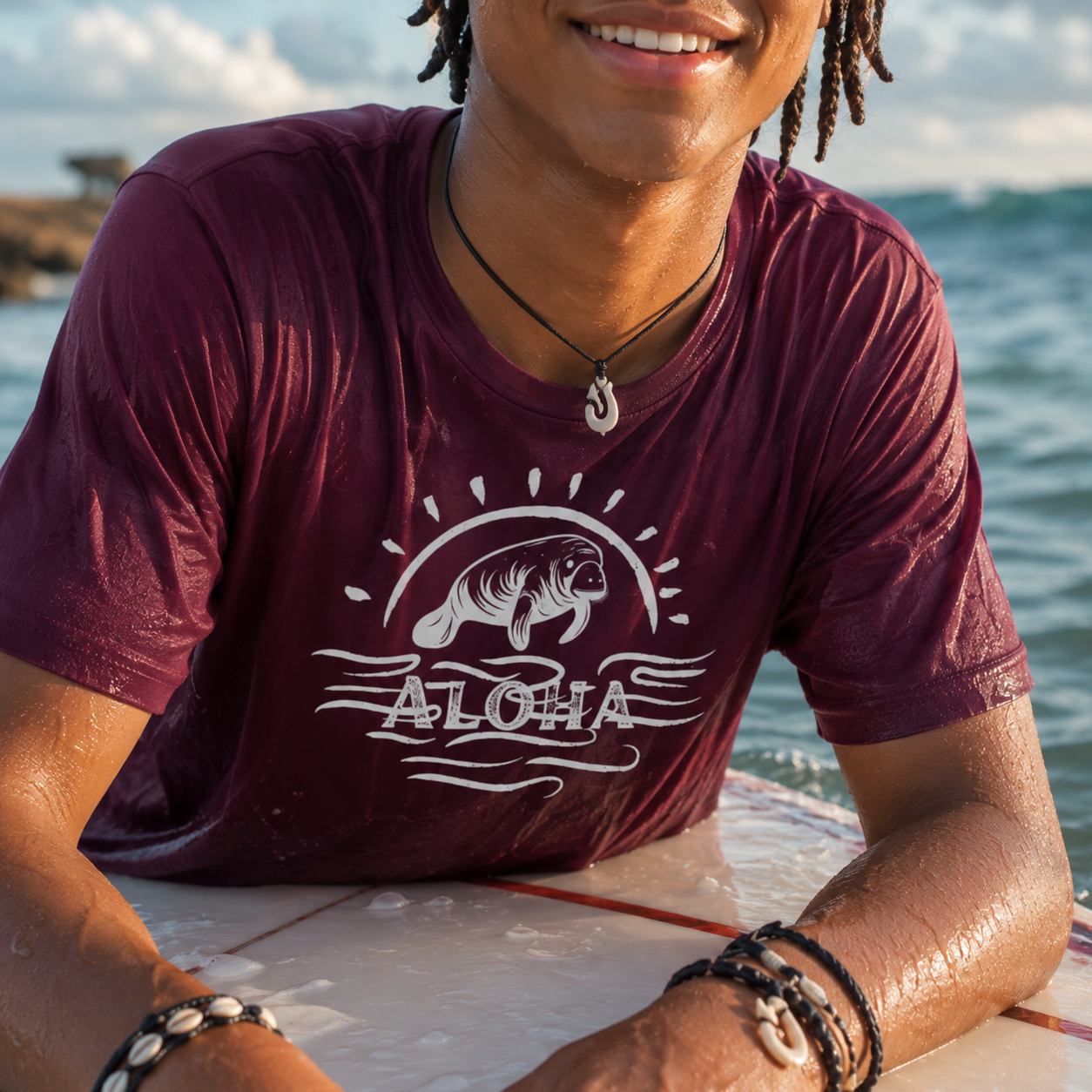 A close-up lifestyle shot of a person wearing a wet maroon t-shirt with a white graphic of a manatee and the word 'ALOHA' on the chest, sitting on a surfboard with ocean water in the background.
