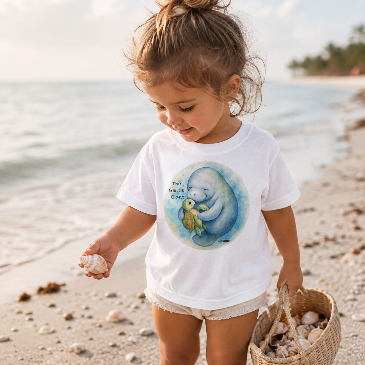 A toddler girl stands on a sandy beach holding a seashell and a woven basket, wearing a white graphic t-shirt with a blue cartoon sea otter illustration and the text 'The Smallest Otter'.